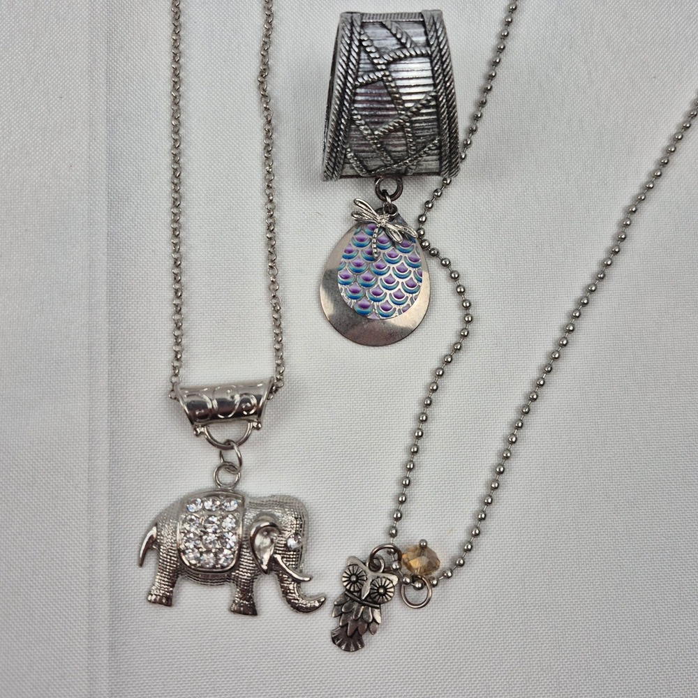 Lot 3 Vtg Necklaces Elephant Owl Dragonfly Pendant Boho Whimsical Animal Jewelry